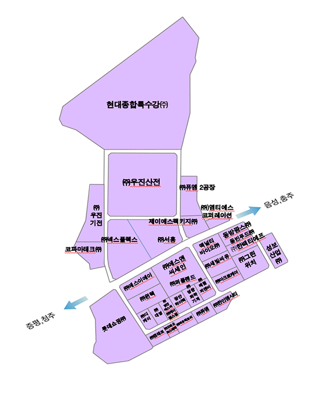 증평2일반산업단지는 청주,증평에서 충주, 음성방면으로 가는 지방도508호선 위치해있습니다. 입주기업은 지방도를 중심으로 상위에 나열된순서로 현대종합특수강(주), (주)우진기전, (주)우진산전, (주)퓨엠 제2공장, 코파마테크(주), (주)서흥, 제이에스팩키지(주), (주)엠티에스코퍼레이션이 있습니다. 남측에는 좌측으로부터 롯데쇼핑(주), (주)에스이에이, (주)윈텍,(주)피유팩토리, (주)퓨엠, (주)한인엠시티가 있고, 중앙에는 (주)에스이에이, (주)윈텍, (주)더벤티코리아, (주)디케이, (주)대영, (주)영진에스피, 디케이, (주)대영, (주)영진에스피,(주)장안하이텍,(주)영창화학기계, (주)태림피앤비,(주)에스앤씨세인,(주)켐테코,퀴오베오코스메릭,(주)피유팩토리,조인패스(주),(주)한인엠시티가 있으며, 우측에는 (주)맥널티바이오, 동방팜스(주), 남순남(주), (주)한백티에프, (주)마크로케어, (주)그린위치, 성보산업(주)가 있습니다. 